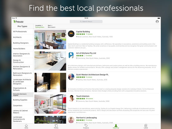 Does Houzz's website provide ways to find kitchen remodelling professionals?