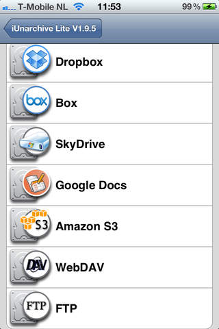 iUnarchive Lite - Archive and File Manager with support for Dropbox, Box, Skydrive, SugarSync, WebDAV en FTP screenshot 2