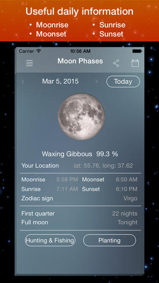 Moon Phase Calendar - Track next Full Moon New Moon Moonrise Moonset Sunrise Sunset Astrology guide 