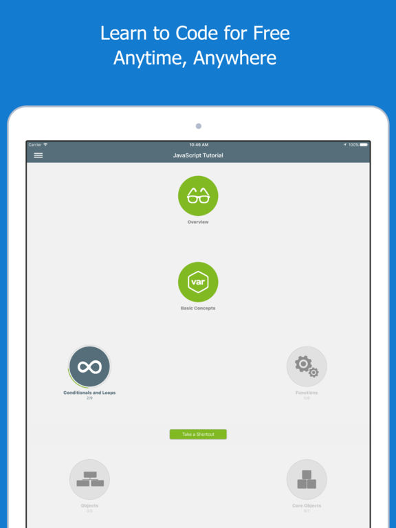 Screenshots of Learn JavaScript for iPad