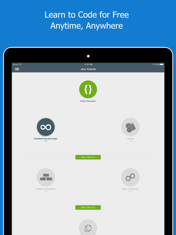 Screenshots of Learn Java for iPad