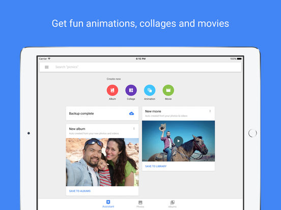 Screenshots of Google Photos for iPad
