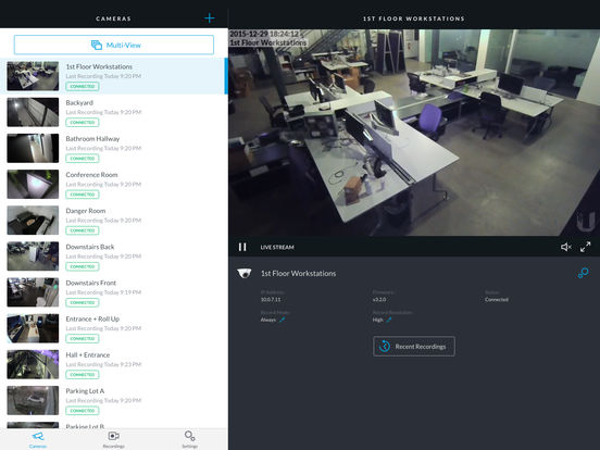Screenshots of UniFi Video for iPad
