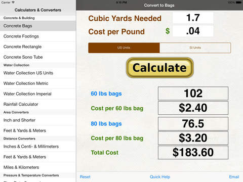 【免費生產應用App】Concrete Bags, Footings, Rectangle, & Sono Tube Calculator with Volume from Rainfall Calc-APP點子