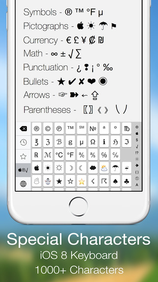Special Characters Keyboard - Symbols Pictographs Currency Math Punctuation Bullets Arrows Parenthes