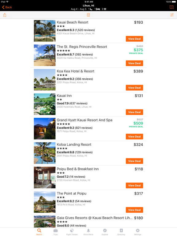 Screenshots of KAYAK for iPad