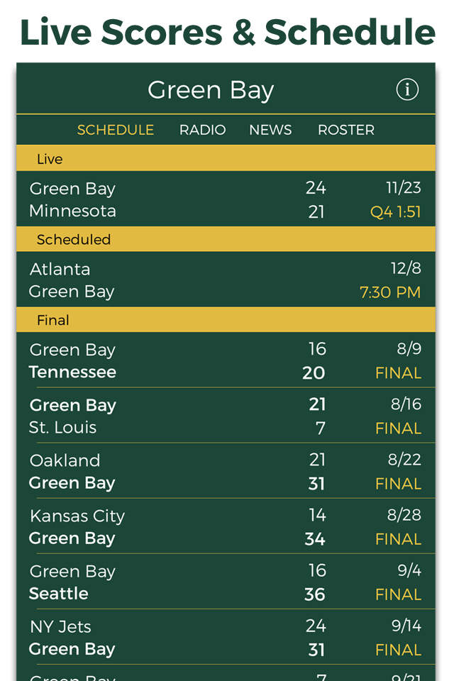 green bay football radio & live scores